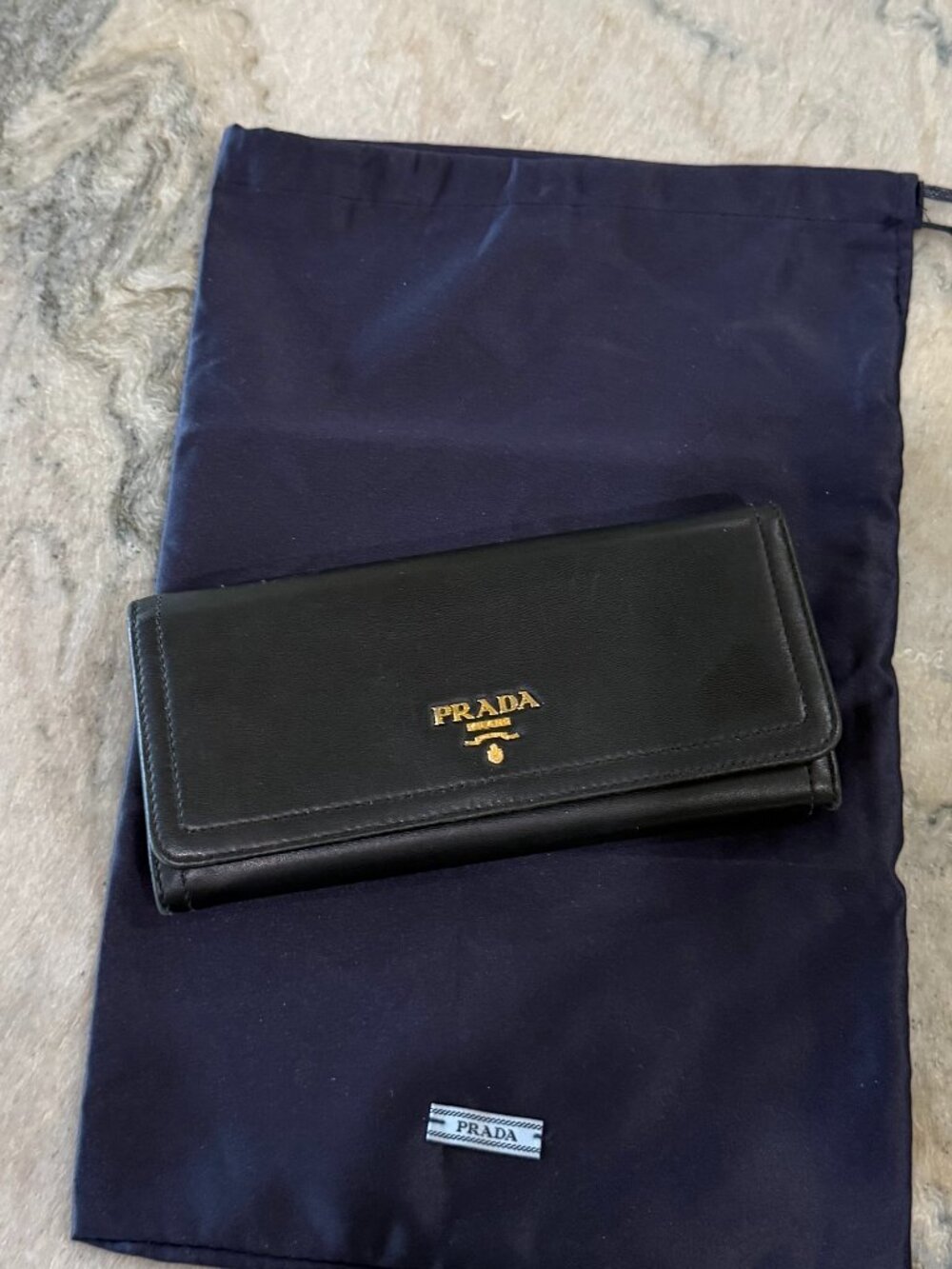 Vintage Prada Black Leather Continental Wallet Gold Logo Made in Italy